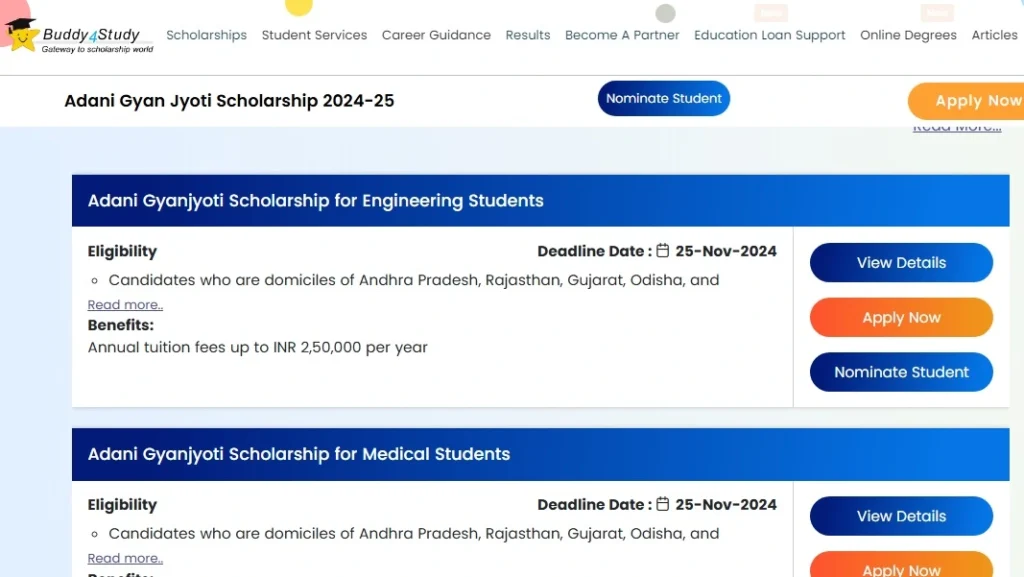 adani gyan jyoti scholarship application page