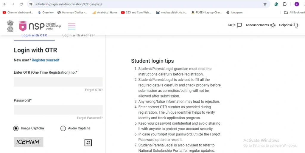 Kalpana chawla scholarship login page